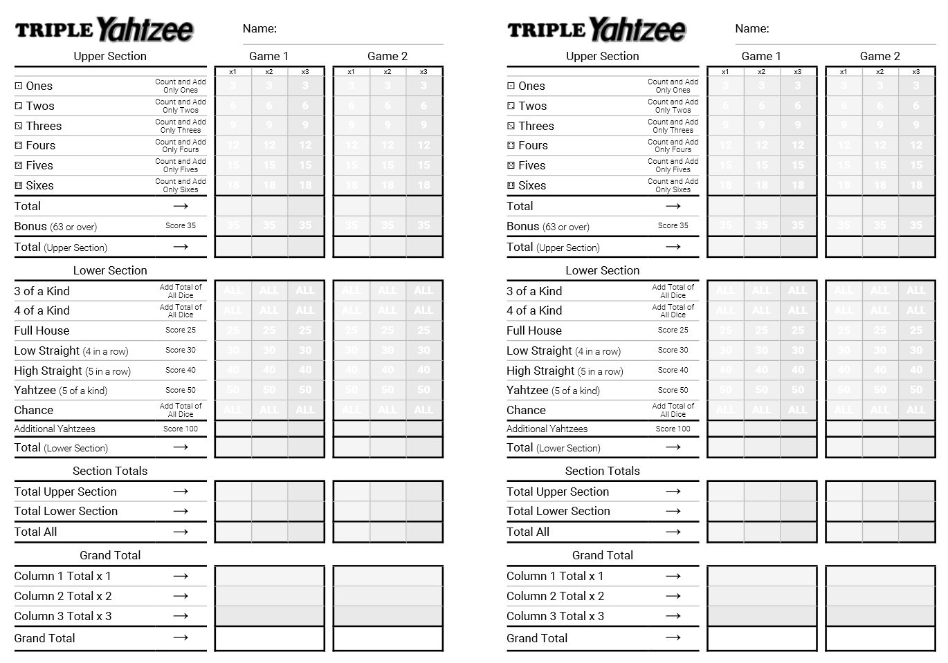 Triple Yahtzee Printable HTML Score Sheets